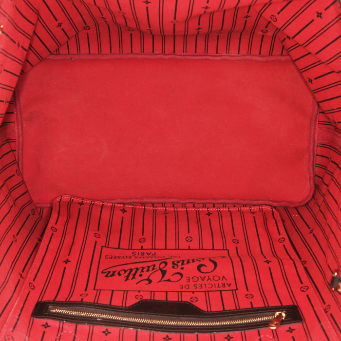 Louis Vuitton  Neverfull large model  shopping bag  in ebene damier canvas  and brown leather - Detail D2