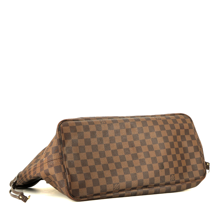 Louis Vuitton  Neverfull large model  shopping bag  in ebene damier canvas  and brown leather - Detail D4