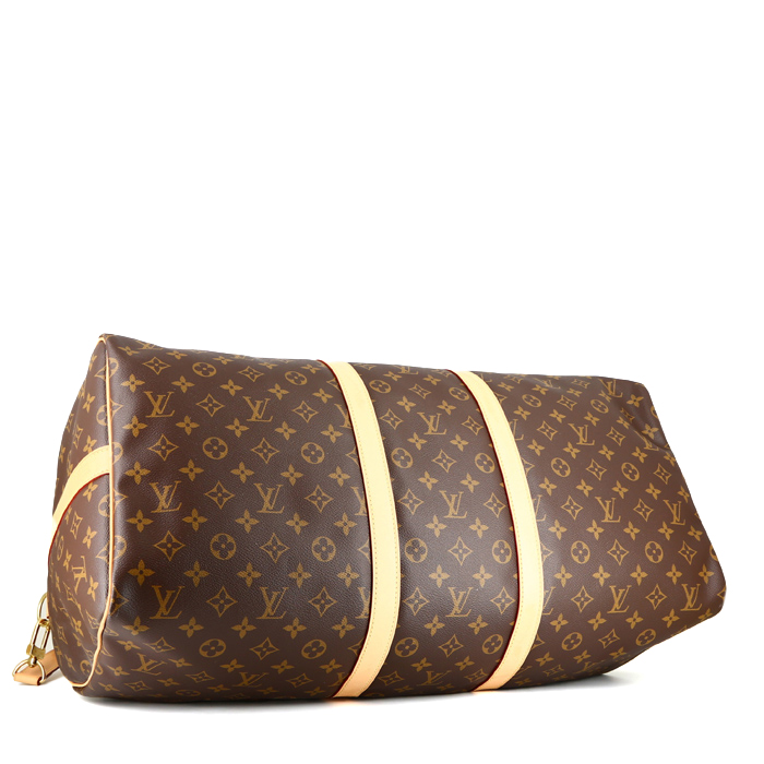 Bolsa de viaje Louis Vuitton  Keepall 55 en lona Monogram marrón y cuero natural - Detail D5