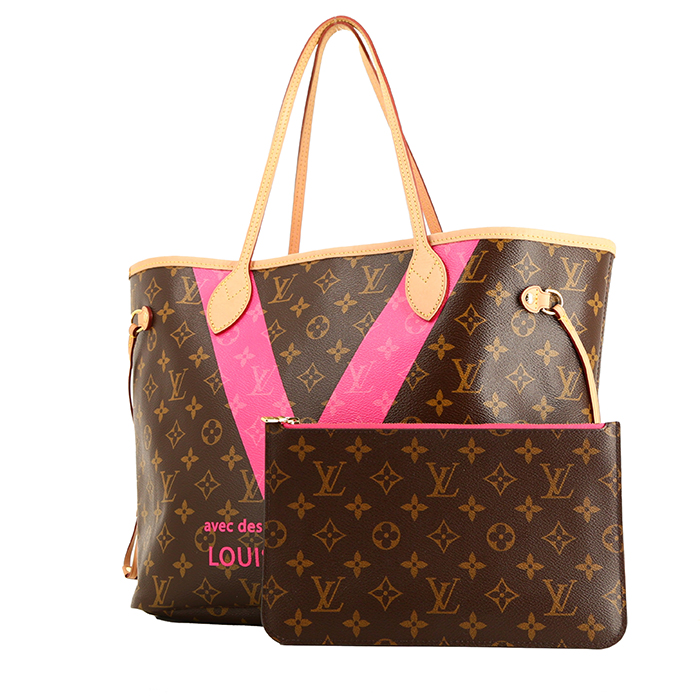 Sac cabas Louis Vuitton  Neverfull Editions Limitées en toile monogram marron et cuir naturel - Detail D2