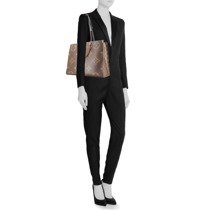 Shopping bag Louis Vuitton Onthego modello medio in pelle monogram marrone e beige - Detail D2