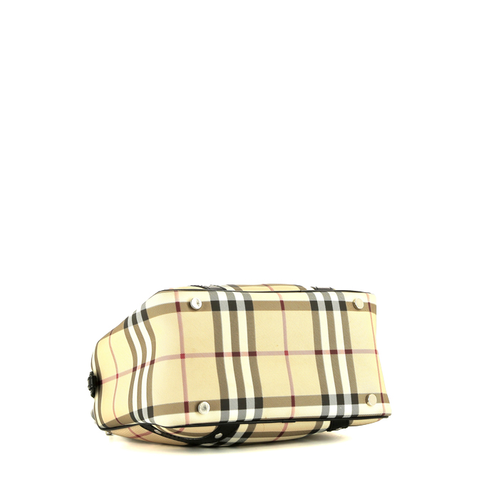 Burberry   handbag  in beige printed canvas  and black leather - Detail D4