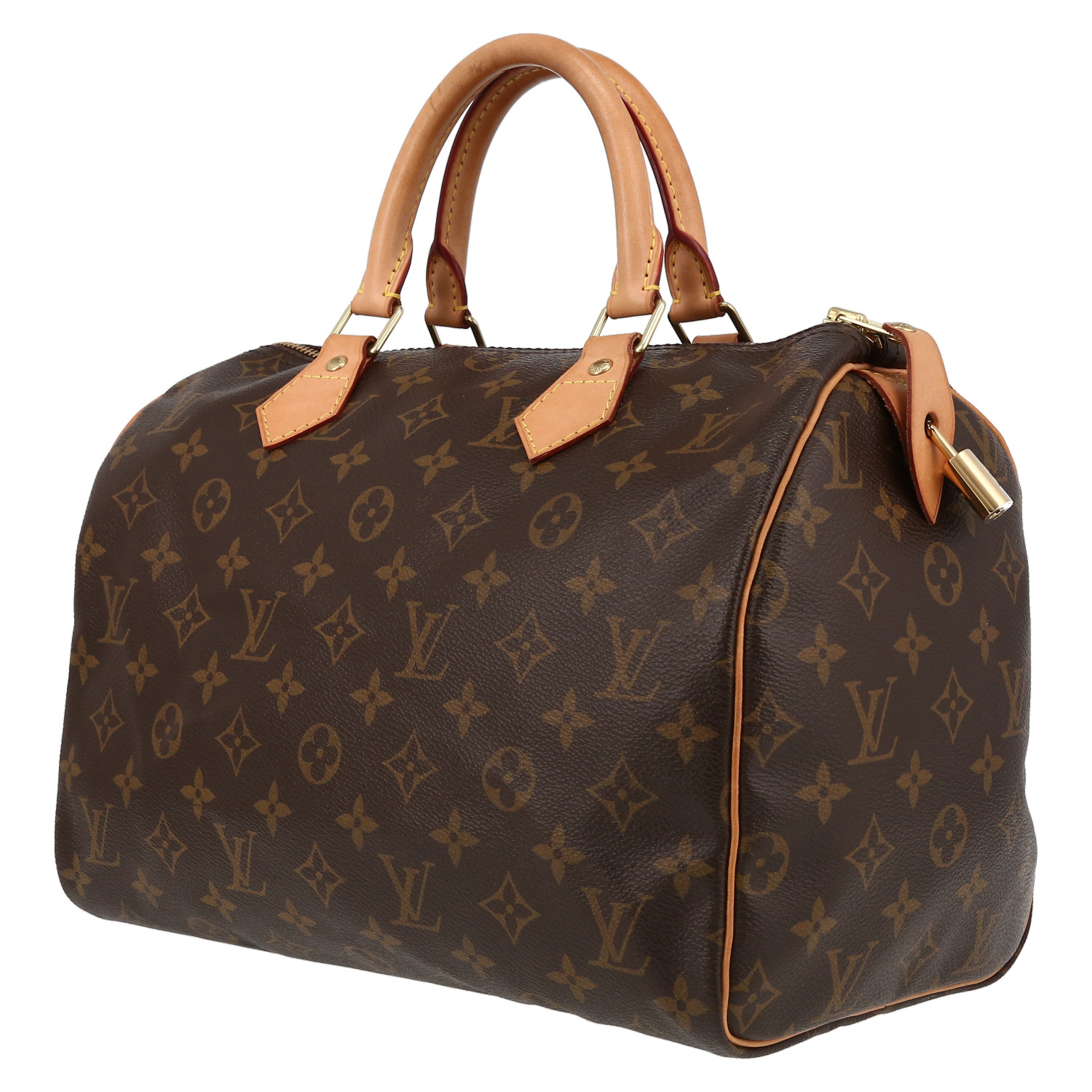 Bolso de mano Louis Vuitton  Speedy 30 en lona Monogram marrón y cuero natural - Detail D3
