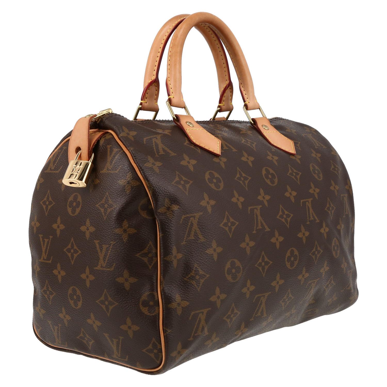 Sac à main Louis Vuitton  Speedy 30 en toile monogram marron et cuir naturel - Detail D6