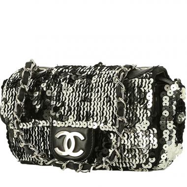 Sac bandoulière Chanel  Mini Timeless en toile noire et cuir noir