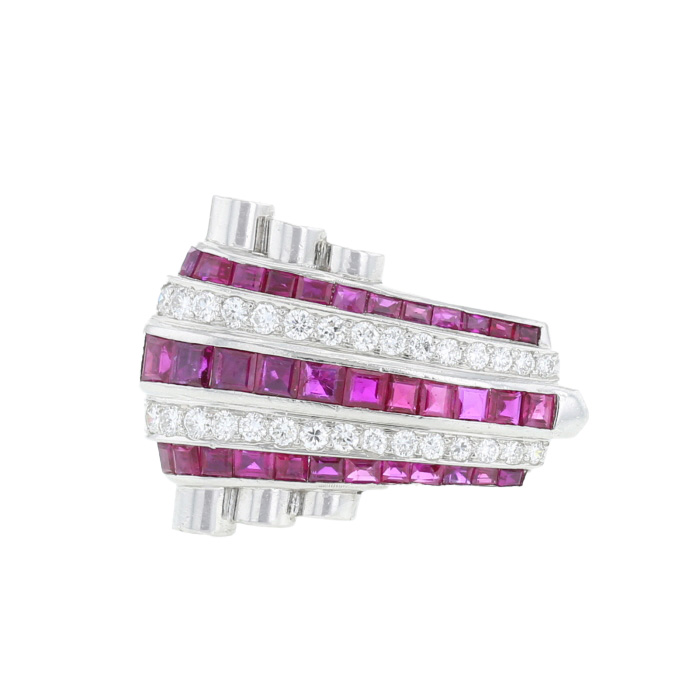 Vintage  cuff bracelet in white gold, platinium, diamonds and synthetic ruby