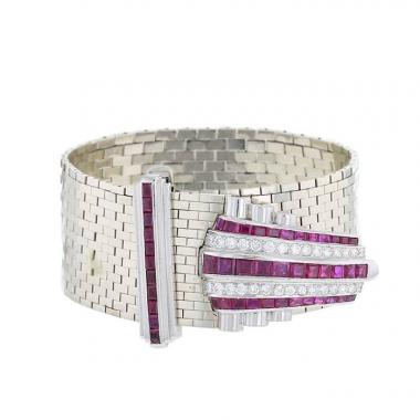 Vintage  cuff bracelet in white gold, platinium, diamonds and synthetics ruby