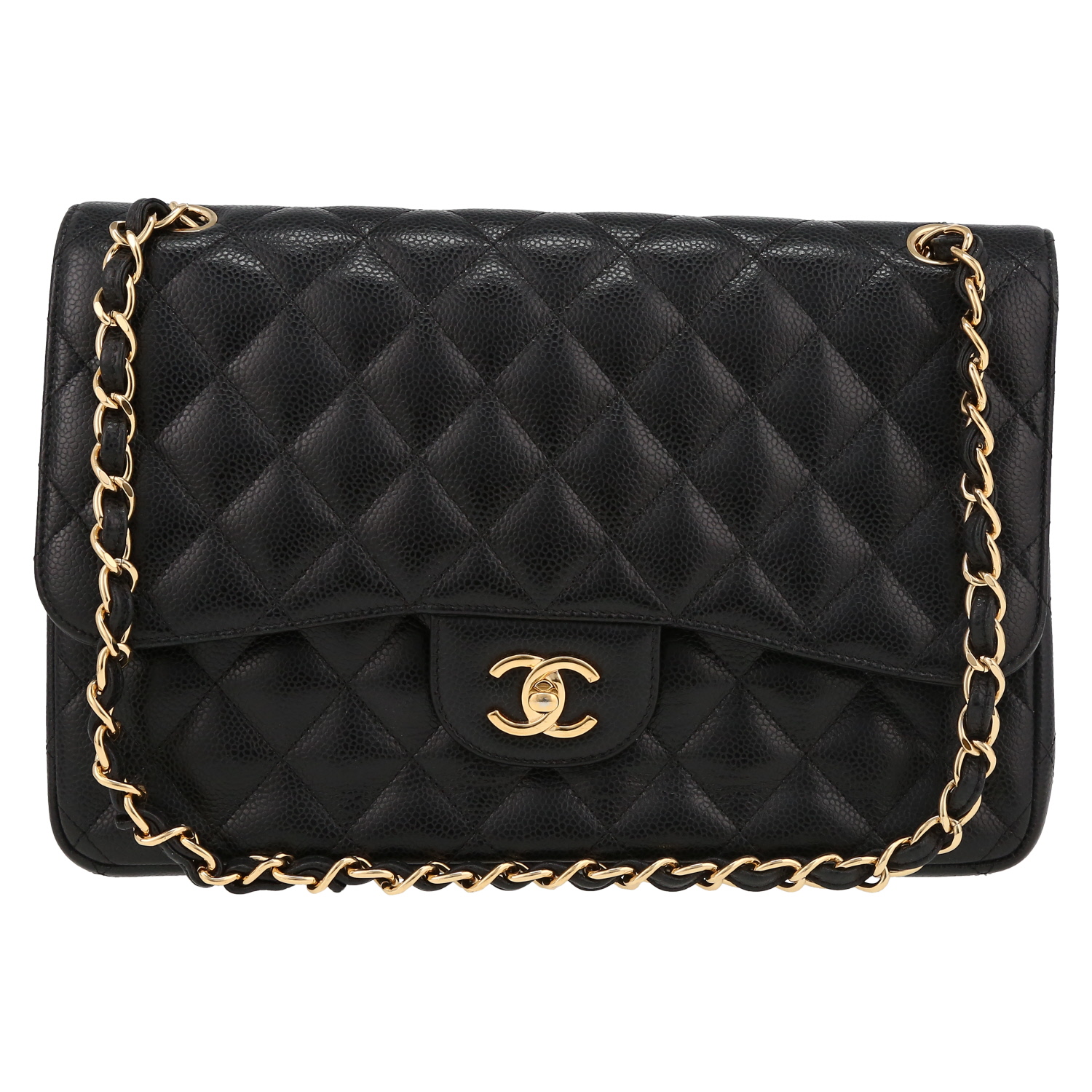 Chanel  Timeless Jumbo shoulder bag  in black quilted grained leather - Detail D2
