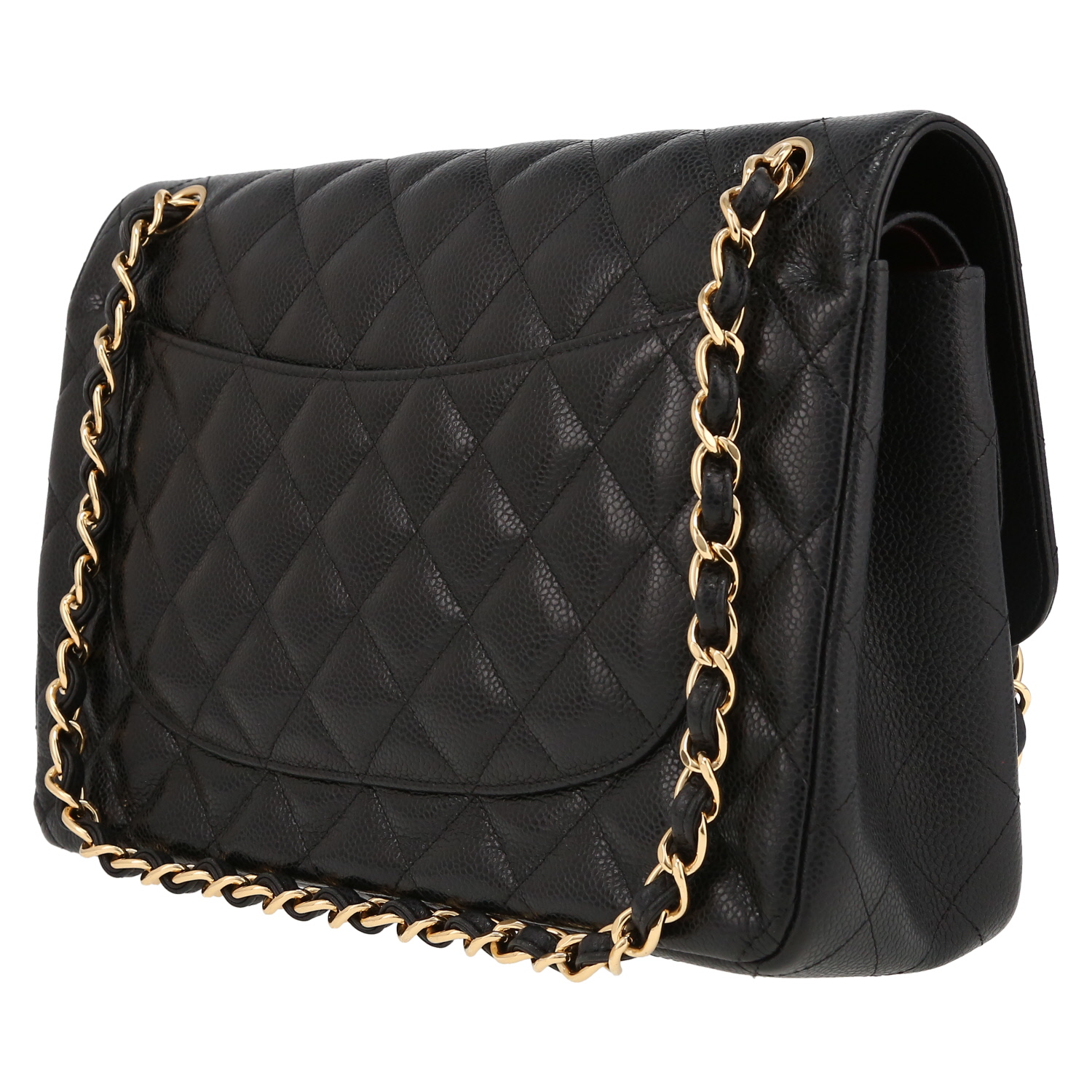 Chanel  Timeless Jumbo shoulder bag  in black quilted grained leather - Detail D5