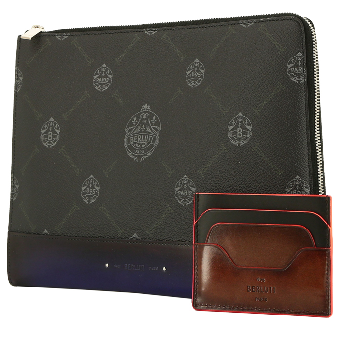 Berluti   pouch  in black canvas  and blue leather - Detail D2
