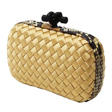 Bottega Veneta  Knot pouch  in gold satin  and beige python