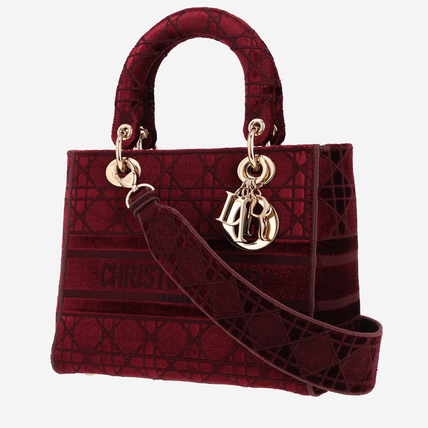 Dior Lady Dior medium model handbag in burgundy velvet