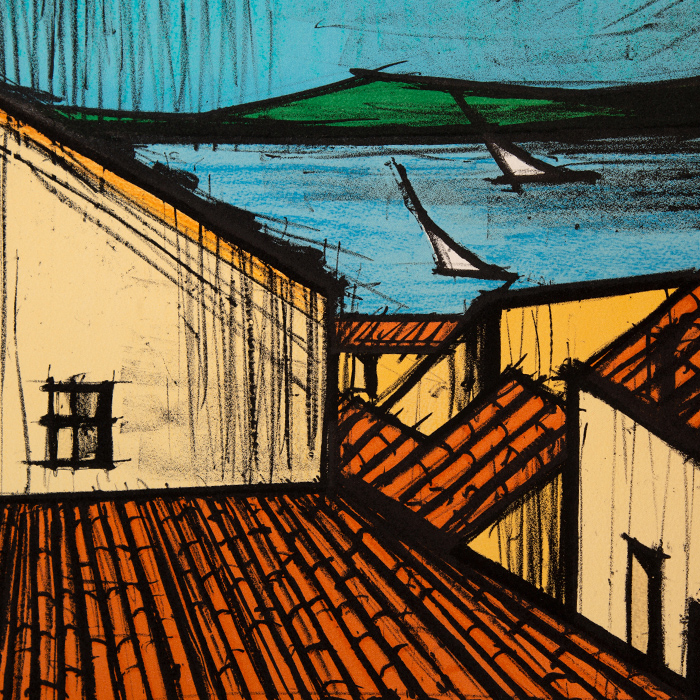 Bernard Buffet, "Saint-Tropez, les toits et la baie", lithograph in colors on paper, signed and annotated EA, of 1991 - Detail D1