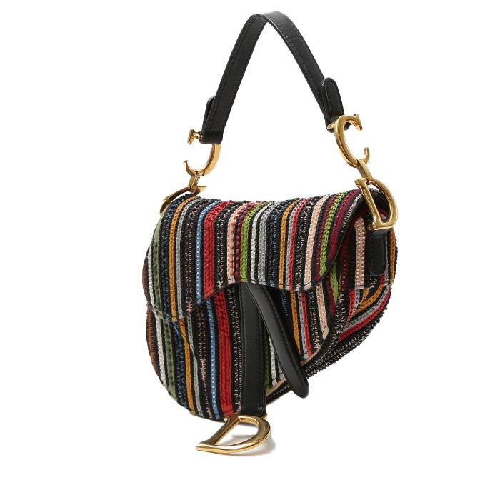 sac à main dior saddle en cuir noir et toile multicolore