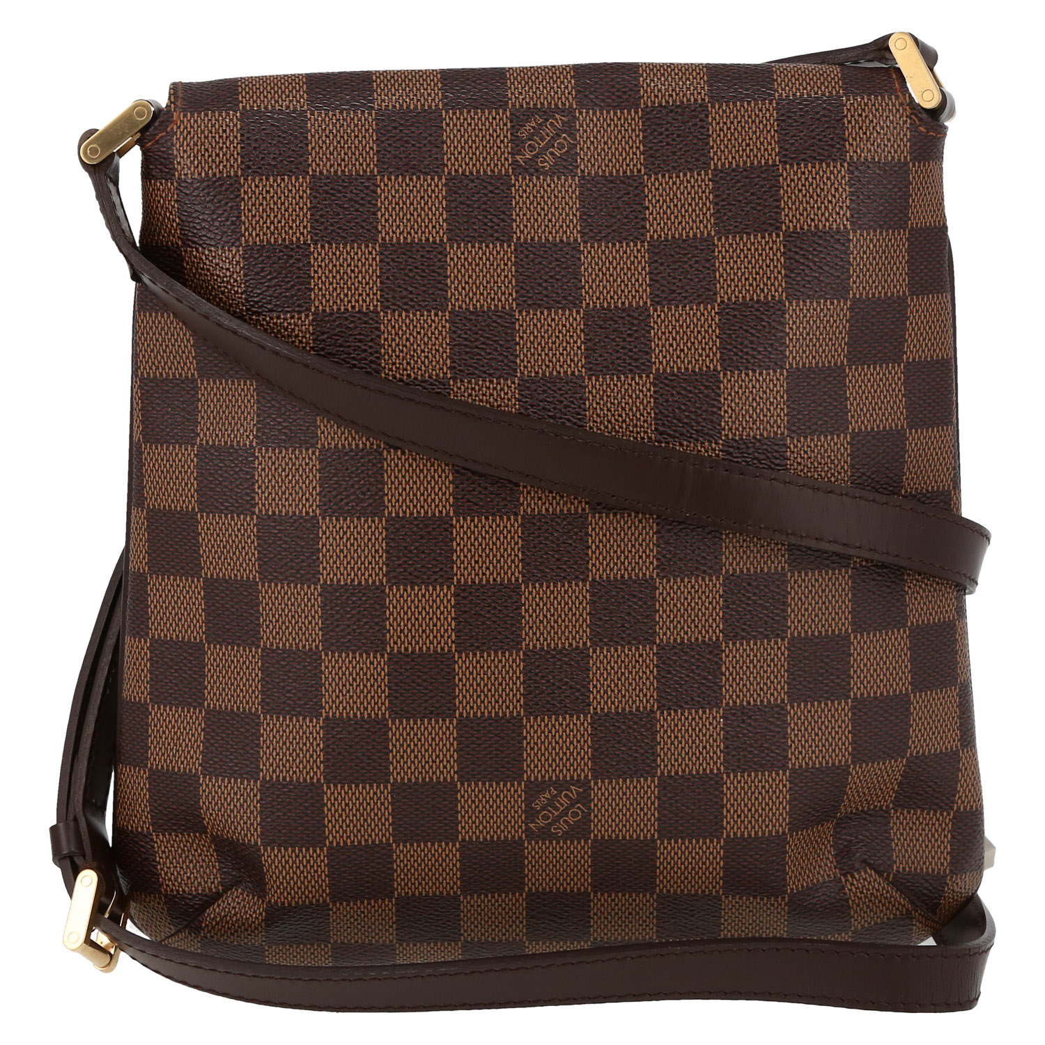 Sac bandoulière Louis Vuitton  Musette en toile damier ébène et cuir marron - Detail D7