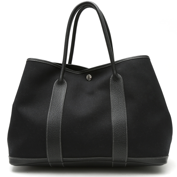 Sac cabas Hermès Garden Party en toile noire et cuir noir - Detail D8