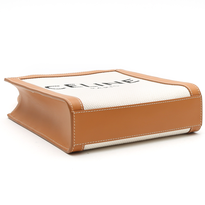 Sac cabas Celine  Vertical mini  en toile beige et cuir marron - Detail D5