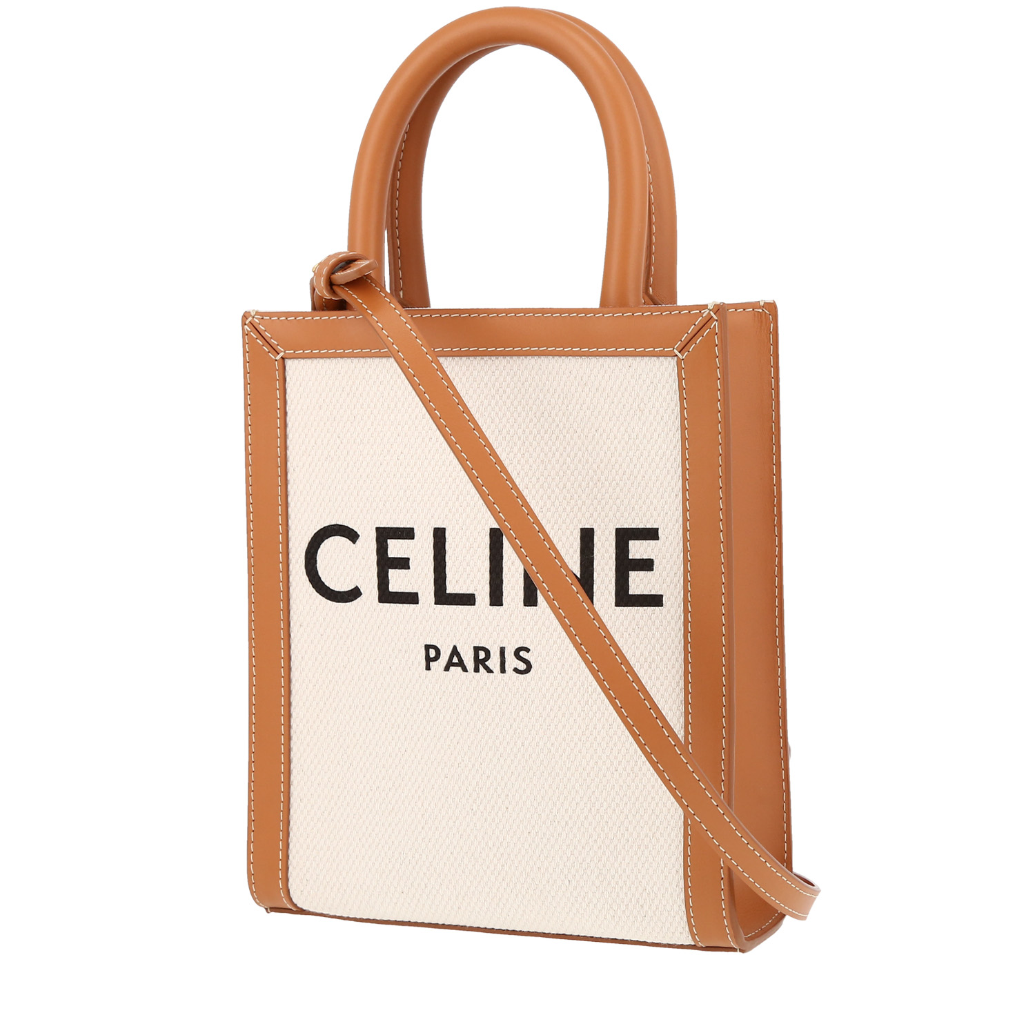 Vertical Mini Shopping Bag In Beige Canvas And Brown