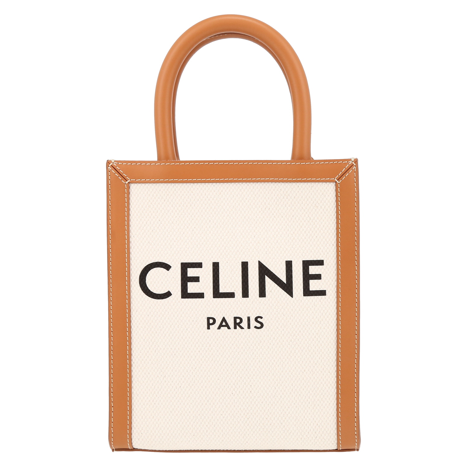 Celine Vertical mini shopping bag in beige canvas and brown leather - Detail D2