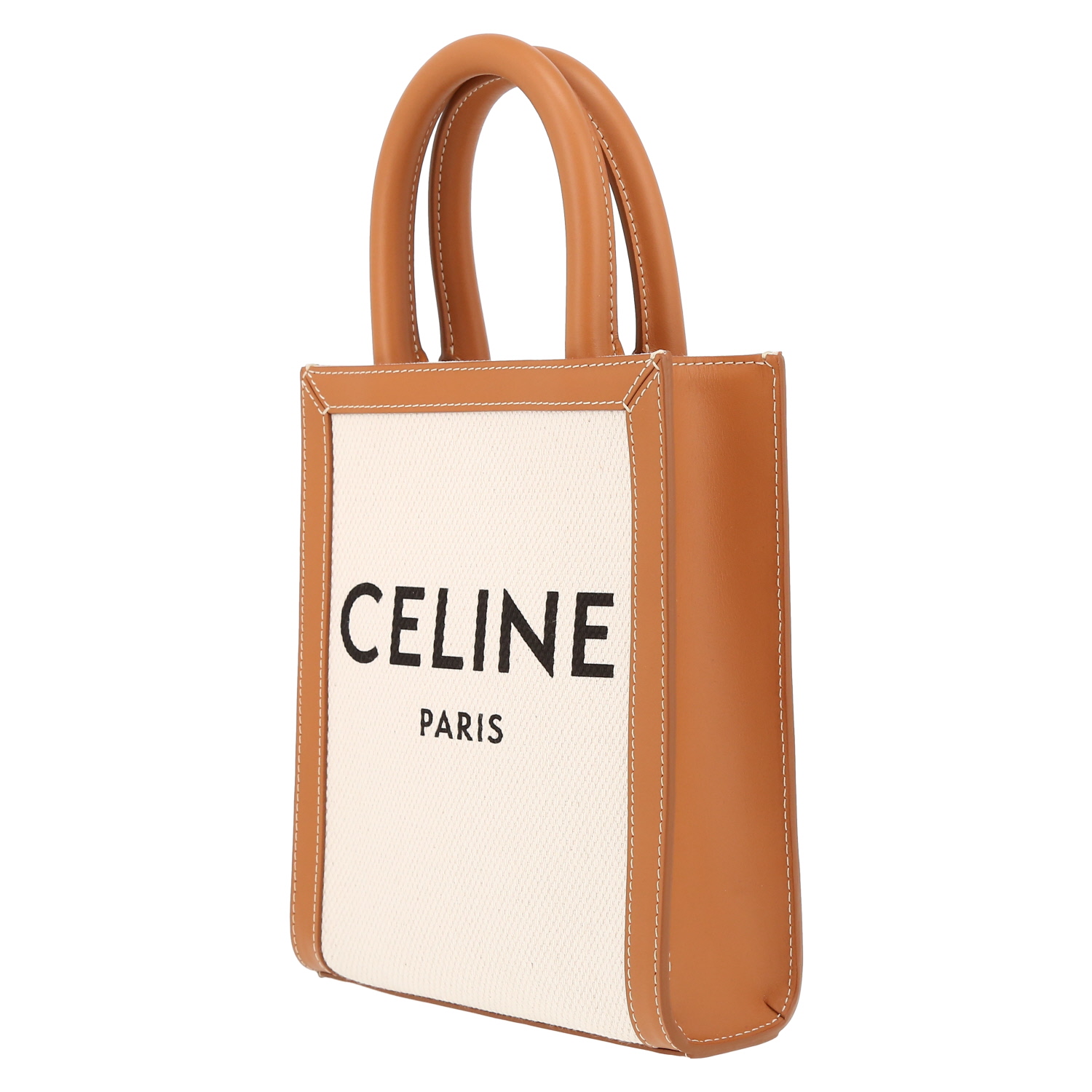 Celine Vertical mini shopping bag in beige canvas and brown leather - Detail D3