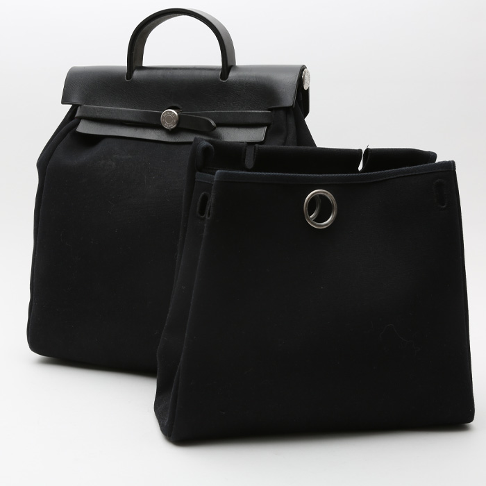 Borsa da spalla o a mano Hermès  Herbag in tela nera e pelle nera - Detail D3