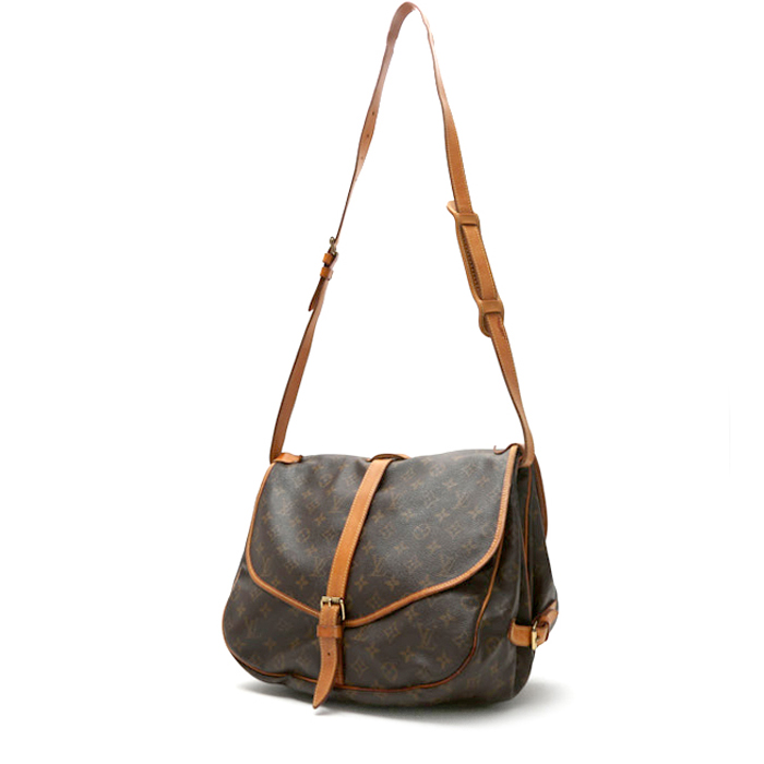 Sac bandoulière Louis Vuitton  Saumur en toile monogram enduite marron et cuir naturel - Detail D2