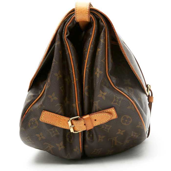 Sac bandoulière Louis Vuitton  Saumur en toile monogram enduite marron et cuir naturel - Detail D7