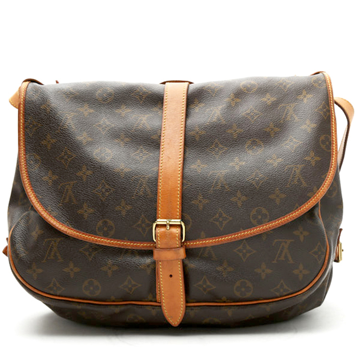 Bolso bandolera Louis Vuitton  Saumur en lona Monogram revestida marrón y cuero natural - Detail D8