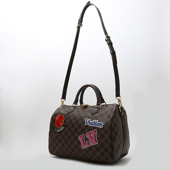Louis Vuitton  Speedy 30 shoulder bag  in ebene damier canvas  and brown leather - Detail D2