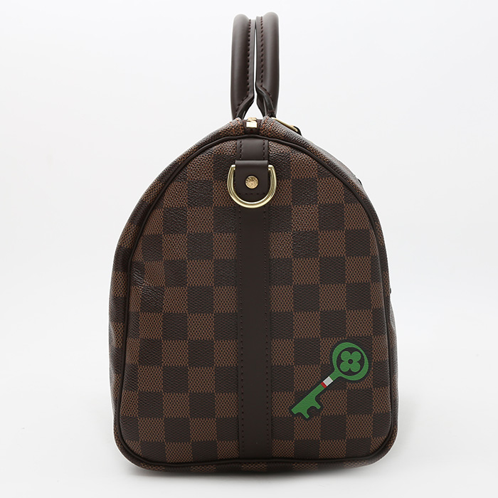 Sac bandoulière Louis Vuitton  Speedy 30 en toile damier ébène et cuir marron - Detail D7