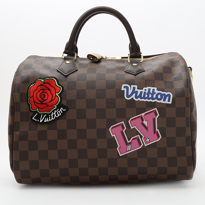 Louis Vuitton  Speedy 30 shoulder bag  in ebene damier canvas  and brown leather - Detail D8
