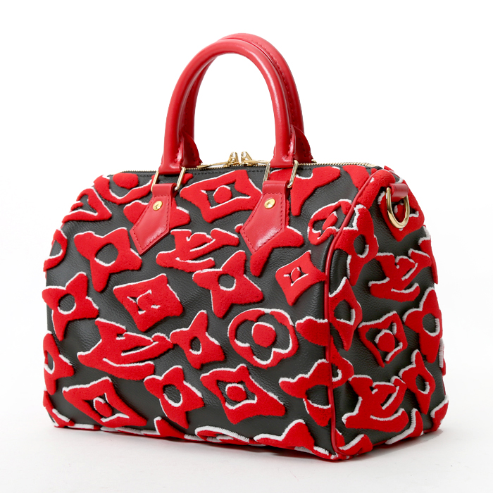 Sac à main Louis Vuitton  Speedy Editions Limitées Urs Fischer en toile monogram effet velours rouge et blanche et cuir noir - Detail D2