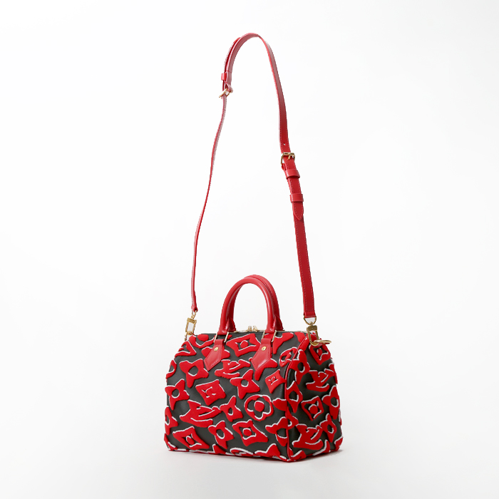 Louis Vuitton Speedy Editions Limitées handbag in red and white monogram canvas and black leather - Detail D3