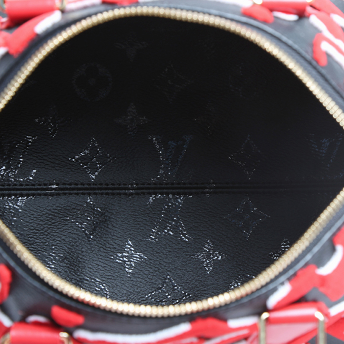 Louis Vuitton Speedy Editions Limitées handbag in red and white monogram canvas and black leather - Detail D4