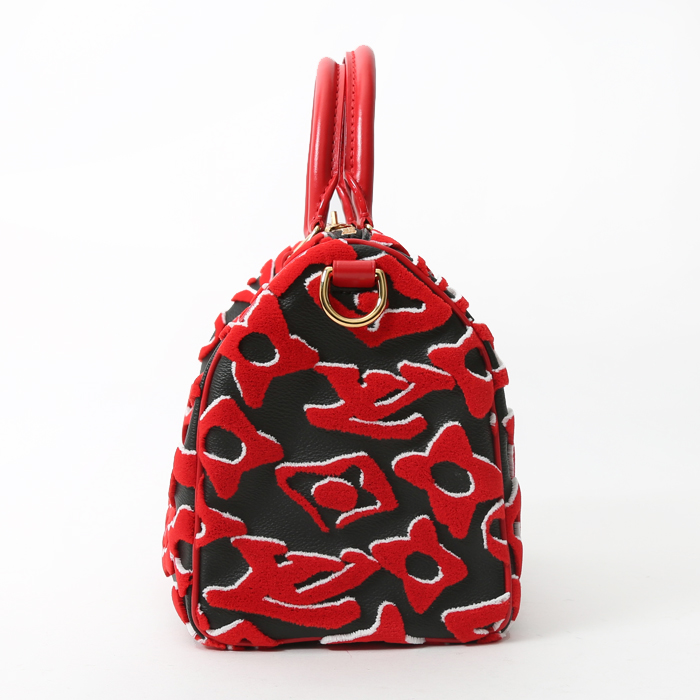 Sac à main Louis Vuitton  Speedy Editions Limitées Urs Fischer en toile monogram effet velours rouge et blanche et cuir noir - Detail D6