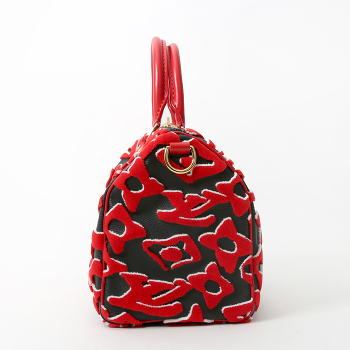 Louis Vuitton Speedy Editions Limitées handbag in red and white monogram canvas and black leather - Detail D7