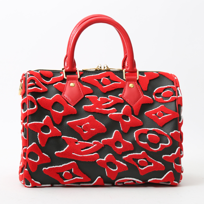 Sac à main Louis Vuitton  Speedy Editions Limitées Urs Fischer en toile monogram effet velours rouge et blanche et cuir noir - Detail D8