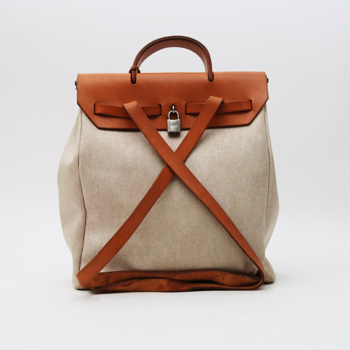 Mochila Hermès  Herbag - Backpack en lona y cuero beige y color oro - Detail D8