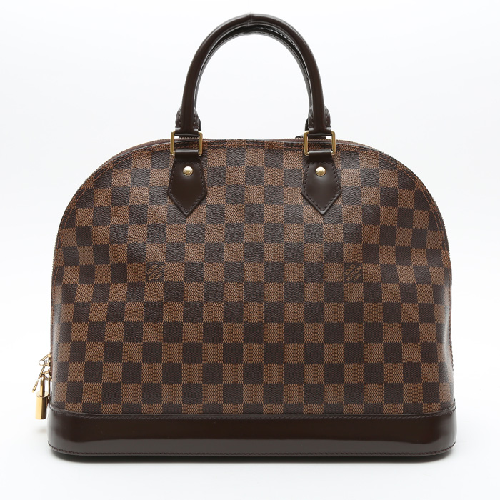 Sac à main Louis Vuitton  Alma en toile damier ébène et cuir glacé marron - Detail D8