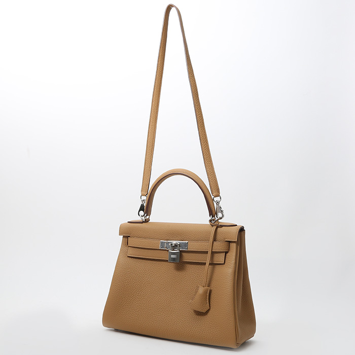 Bolso de mano Hermès  Kelly 28 cm en cuero taurillon clémence Biscuit - Detail D2