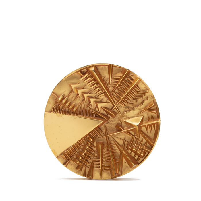 Arnaldo Pomodoro, sculpture "Disco del sole", in gilded bronze, Stefano Johnson edition, signed, stamped and numbered, of 1985 - Detail D1