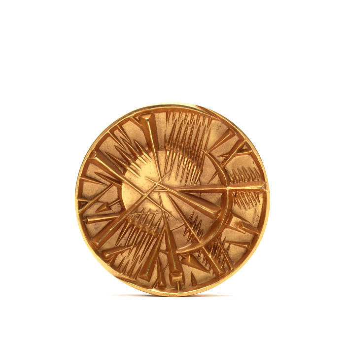 Arnaldo Pomodoro, sculpture "Disco del sole", in gilded bronze, Stefano Johnson edition, signed, stamped and numbered, of 1985 - Detail D2