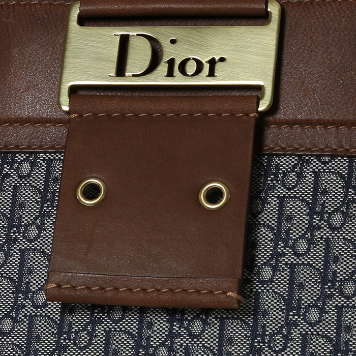 Bolso de mano Dior  Vintage en lona Monogram Oblique azul y cuero marrón - Detail D1