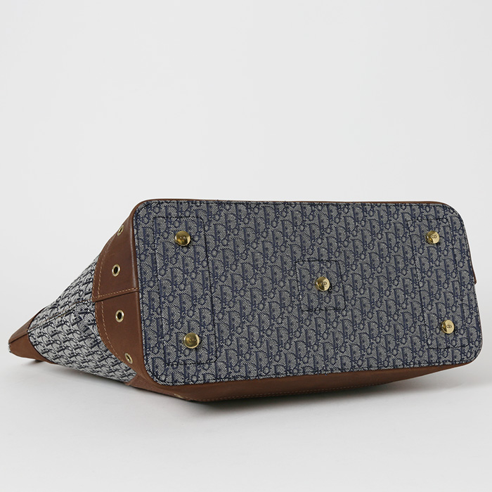 Dior  Vintage handbag  in blue monogram canvas Oblique  and brown leather - Detail D4