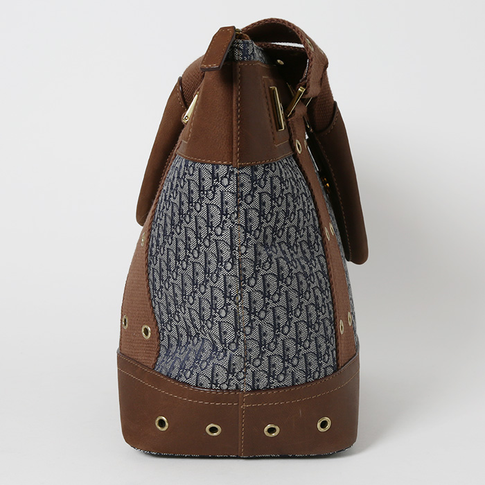 Sac à main Dior  Vintage en toile monogram Oblique bleue et cuir marron - Detail D5