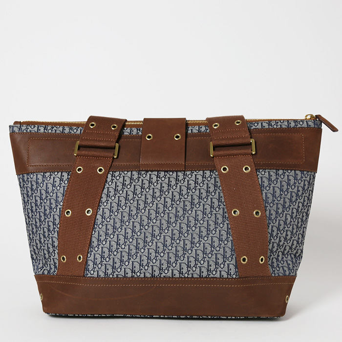 Sac à main Dior  Vintage en toile monogram Oblique bleue et cuir marron - Detail D7