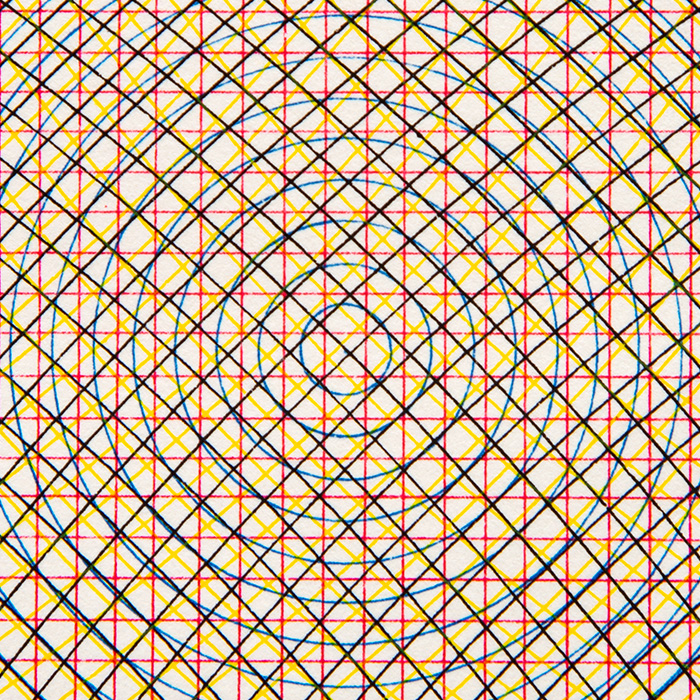 Sol LeWitt, "Red grid, blue circles, black and yellow arcs from adjacent corners", silkscreen on paper, signed and numbered, of 1972 - Detail D1