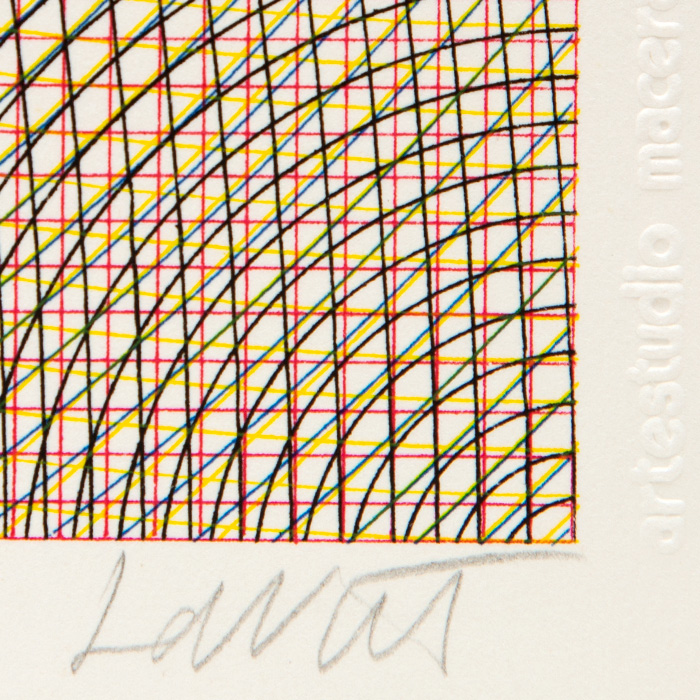 Sol LeWitt, "Red grid, blue circles, black and yellow arcs from adjacent corners", sérigraphie sur papier, signée et numérotée, de 1972
