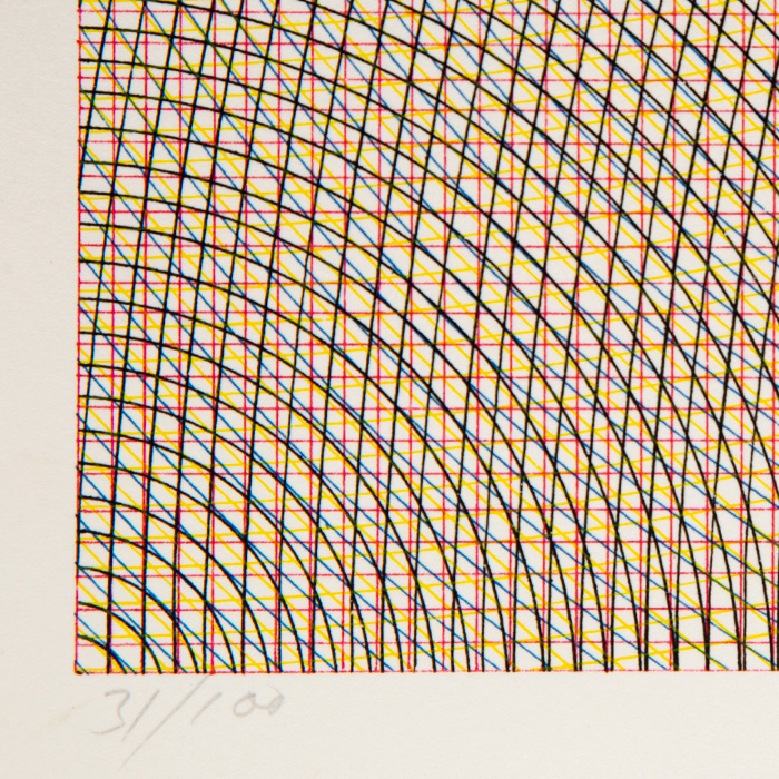 Sol LeWitt, "Red grid, blue circles, black and yellow arcs from adjacent corners", silkscreen on paper, signed and numbered, of 1972 - Detail D3