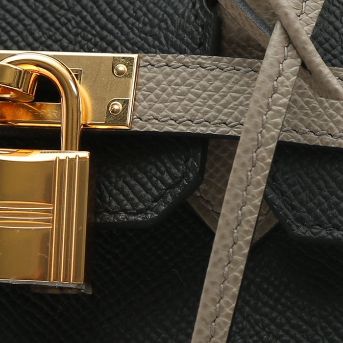 Bolso de mano Hermès  Birkin 25 cm en cuero epsom negro y marrón etoupe - Detail D1